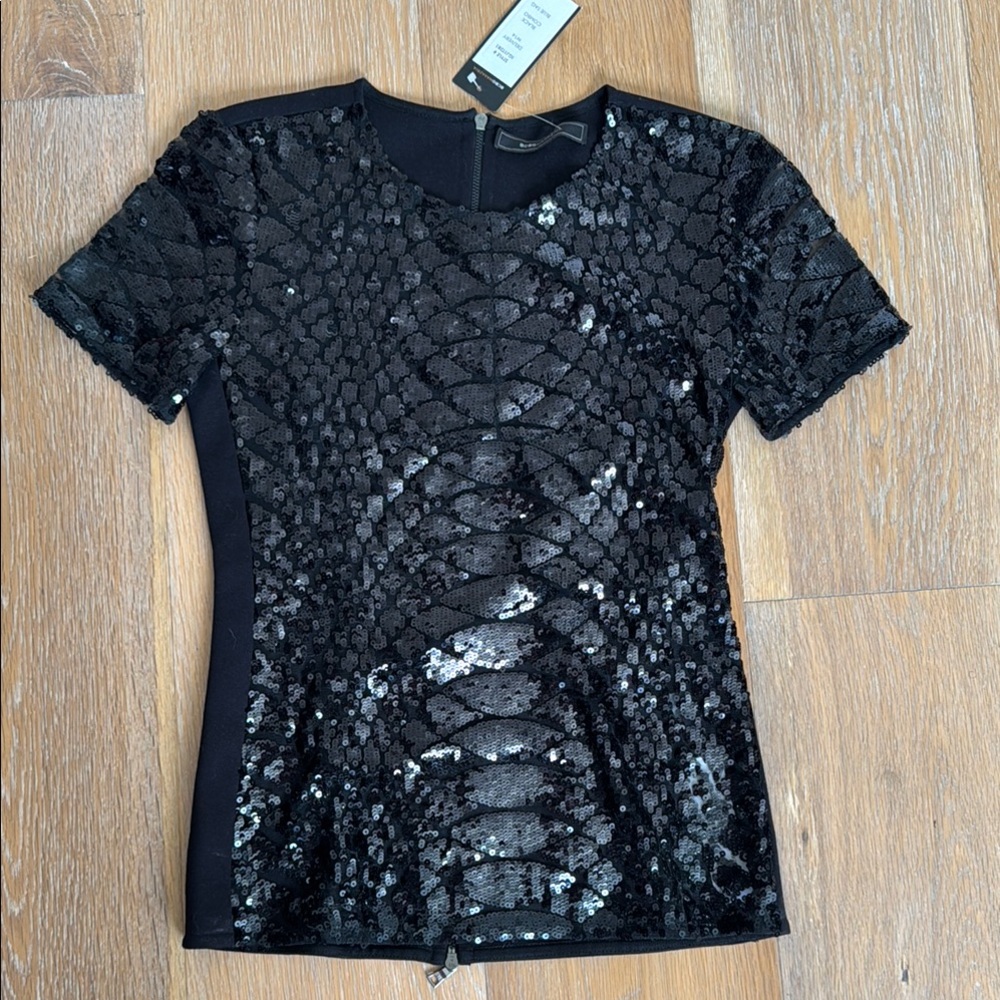 BCBGMaxAzria Black Sequin Fitted Short Sleeve Top